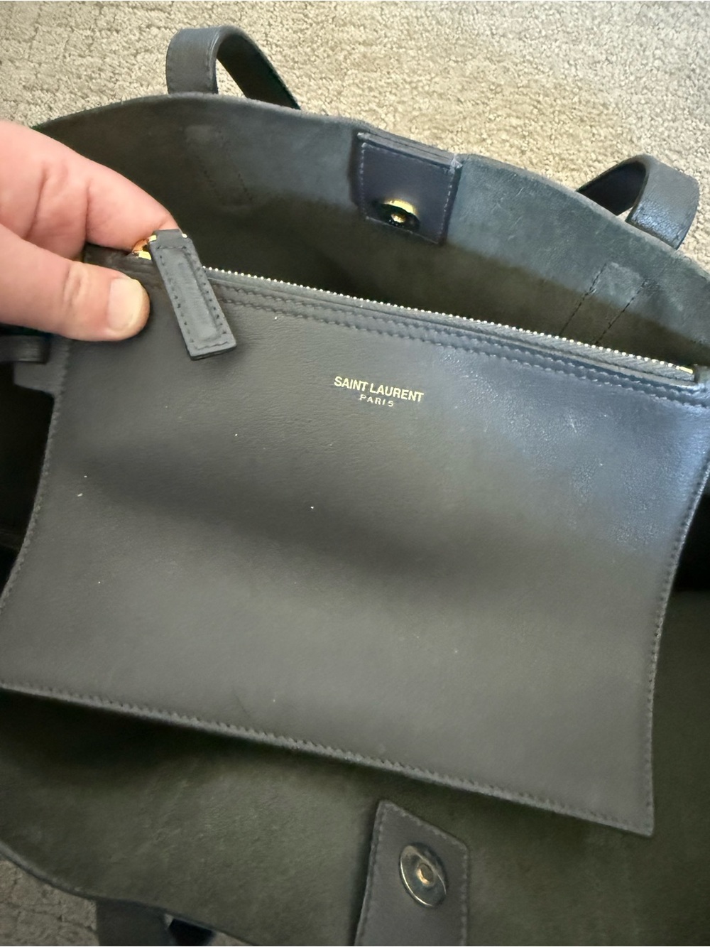 Saint Laurent Grey Calfskin Leather Tote Bag w/ Detachable Pouch Large - Picture 5 of 12